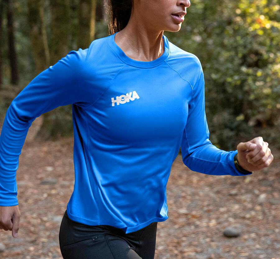 Hoka Australia One One Performance Long Sleeve - Womens Tops Blue - QLARI-1472